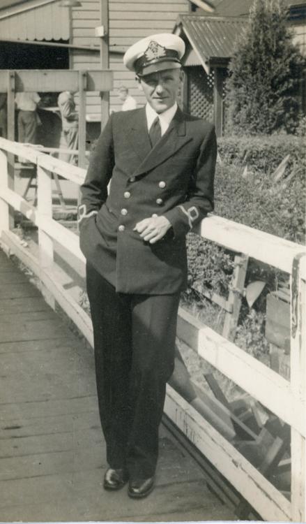 Sub-Lieutenant Harvey (later temporary commander) in service dress uniform, c. 1940. 