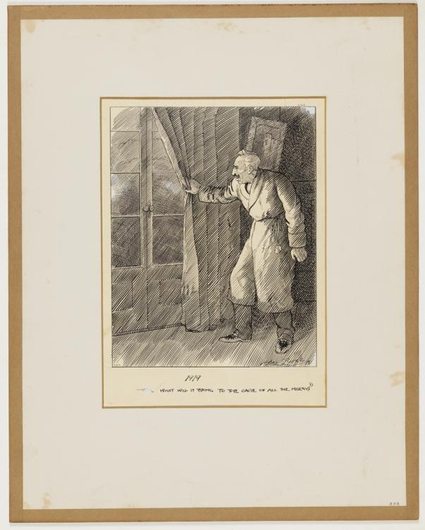 The cartoon is of a gentleman dressed in a dressing gown, pulling back a curtain to look through a set of French doors. A caption under the cartoon says: "1919; What will it bring to the cause of all our misery?' - courtesy  Mitchell Library, State Library of NSW