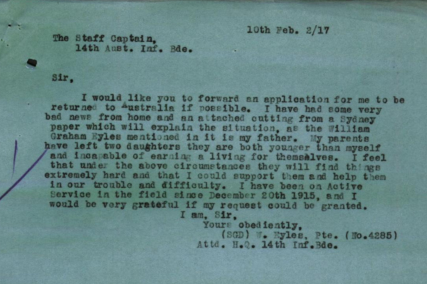 Eyles’ letter requesting his return home. National Archives of Australia.