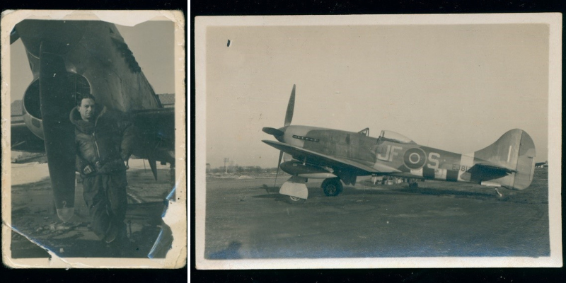Flying Officer R S Adcock and his Tempest fighter bomber, Normandy 1944 (Anzac Memorial Collection)