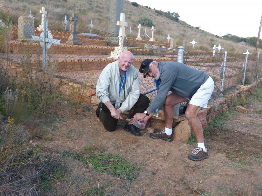 Ross Taylor (left) and John Elton (right) collecting soil from the Diamond Hill Military Cemetery in South Africa. Photograph by John Howells.