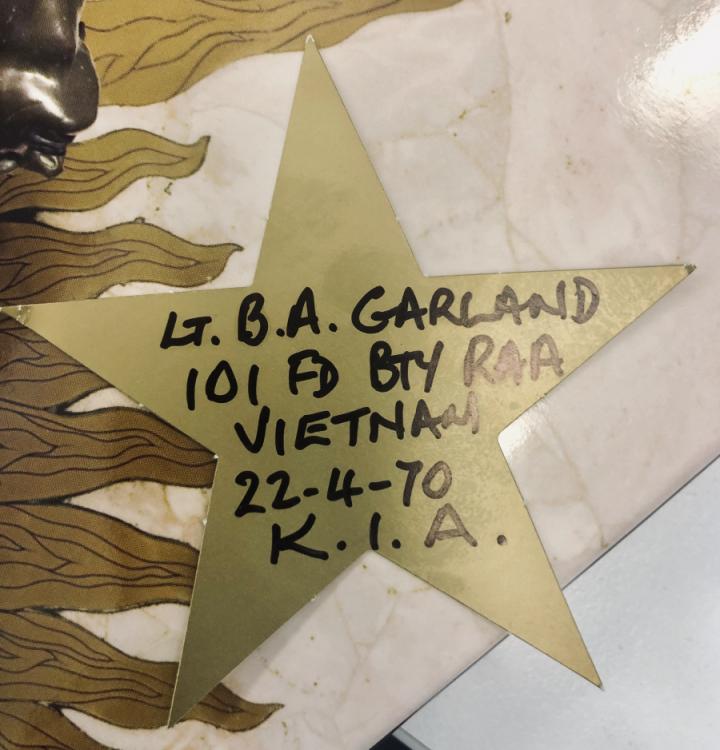 One of the commemorative gold stars left in tribute to a loved one - Lt Garland was a member of the 101st Field Battery who served two tours of duty in South Vietnam: 1966-67 and 1969-70.