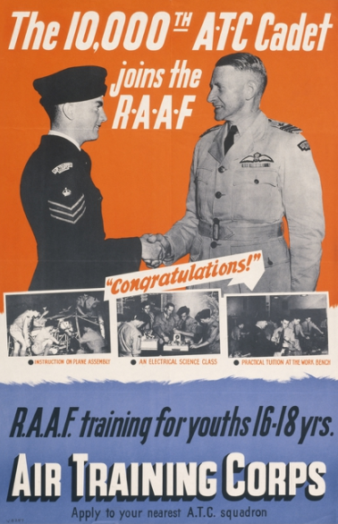 A recruitment poster depicting the ten-thousandth cadet being congratulated by Wing Commander Nigel Love. The Air Training Corps was for boys aged 16 to 18 years. AWM ARTV04287