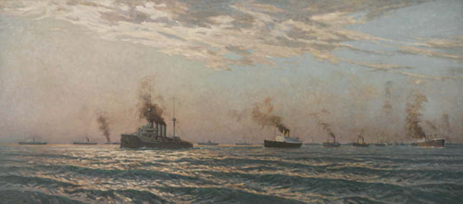Charles Bryant, ‘Sailing 1st Aus Division from Albany; First Convoy with Australian troops at Sea', oil on canvas (153 cm x 303 cm x 13.5 cm, framed), UK, 1920. AWM ART00190. 