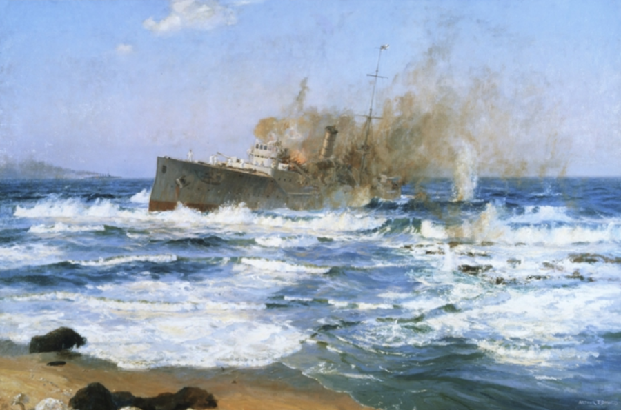 Arthur Burgess, ‘Emden beached and done for, 9 November 1914’, oil on canvas (168.5 cm x 254.5 cm, unframed). AWM ART00191. 