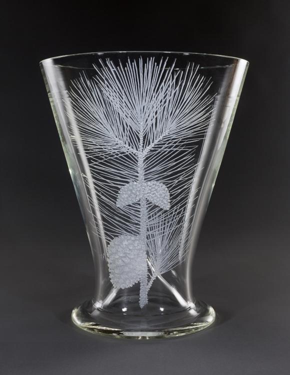 Glass vase displaying a hand-etched design of the Aleppo Pine