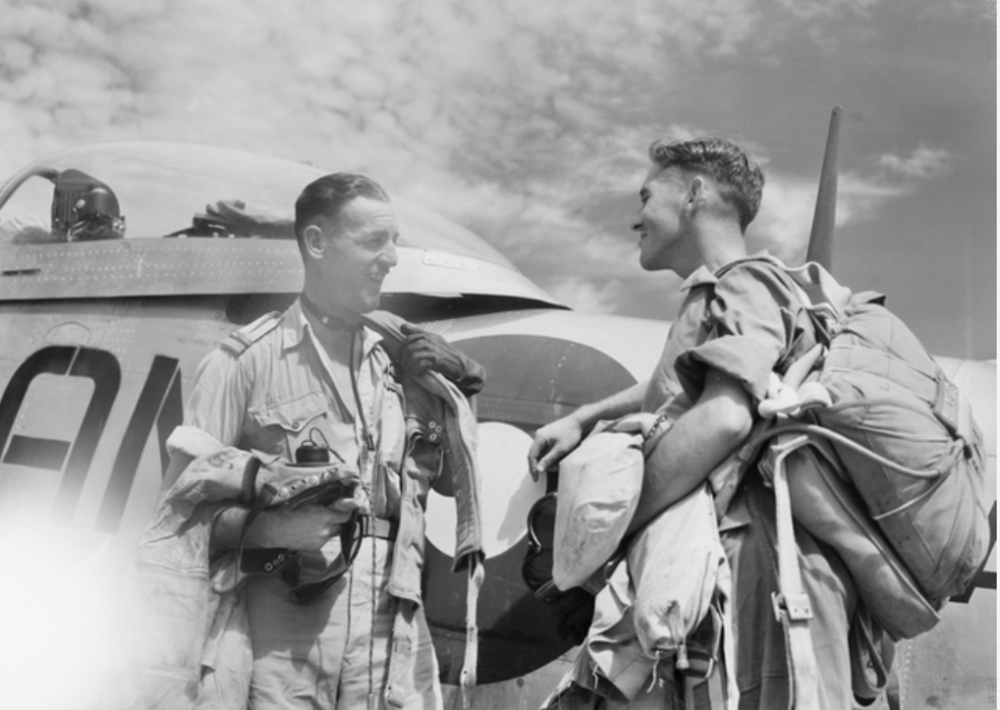 Flying Officer John Allan (left) prepares to fly to Japan, September 1945. AWM OG3617