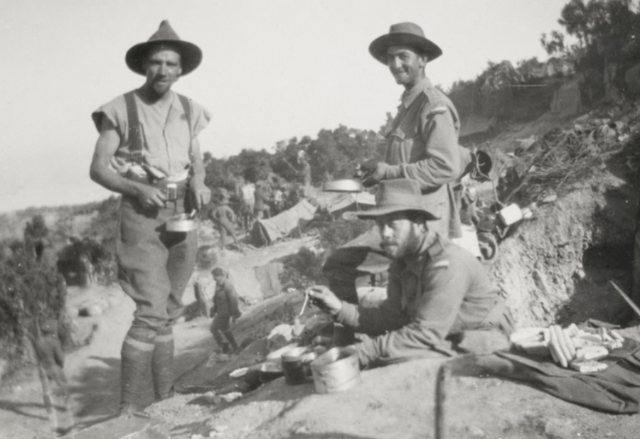 Breakfast at Gallipoli, 22 May 1915. Notice the pile of broken biscuits in the bottom right-hand corner. AWM  H15685.