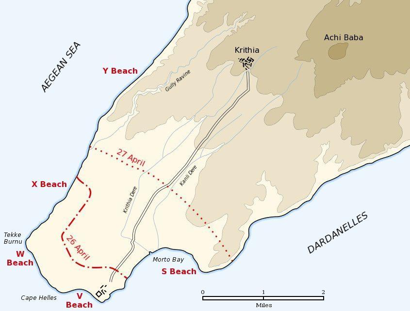 Map of British landings at Cape Helles on ‘S’, ‘V’,’W’,’X’ and ‘Y’ Beaches on 25 April 1915. Several subsequent attempts to advance towards the village of Krithia and the high ground of Achi Baba were foiled by strong enemy resistance.