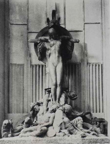 Crucifixion of Civilisation 1914, showing the intended scale next to Dellit’s amber windows.  (SUNNYBROOK PRESS, 1934)