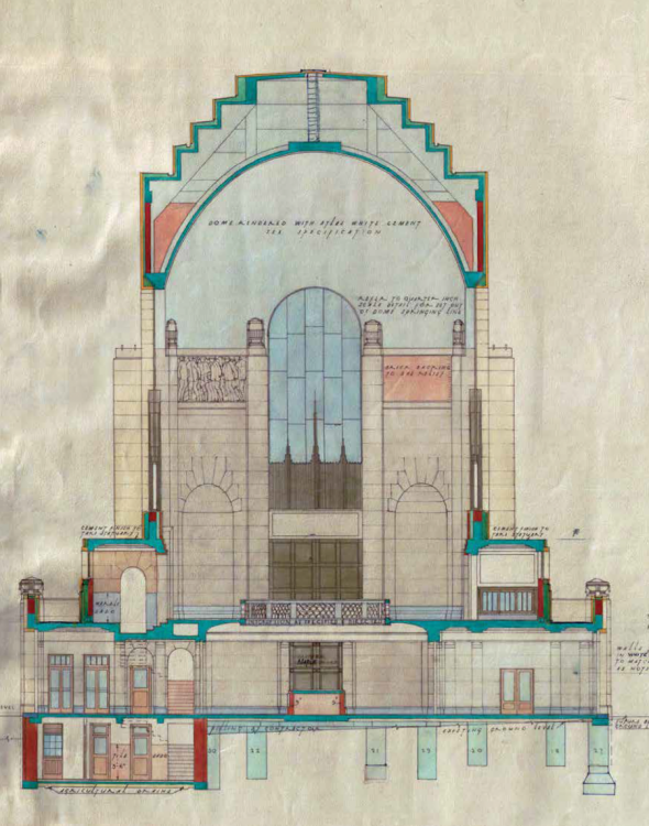Dellit's hand-coloured cross-section (looking north) - Courtesy Office of the NSW Government Architect