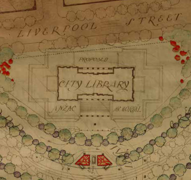 Detail from Norman Weekes's winning design for the remodelling of Hyde Park suggesting the southern end of Hyde Park south as the site for the Anzac Memorial - courtesy City of Sydney Archives