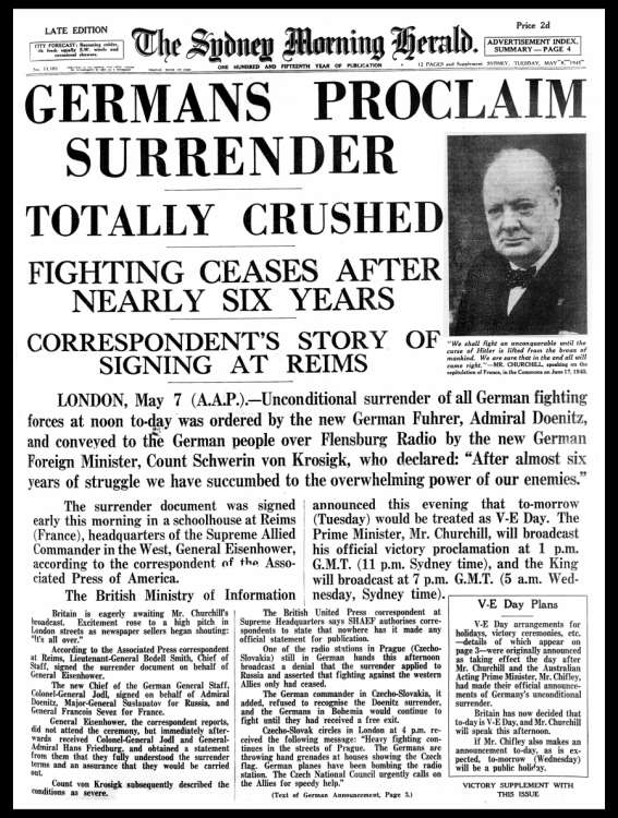 Germans proclaim surrender - totally crushed - fighting ceases after nearly six years.