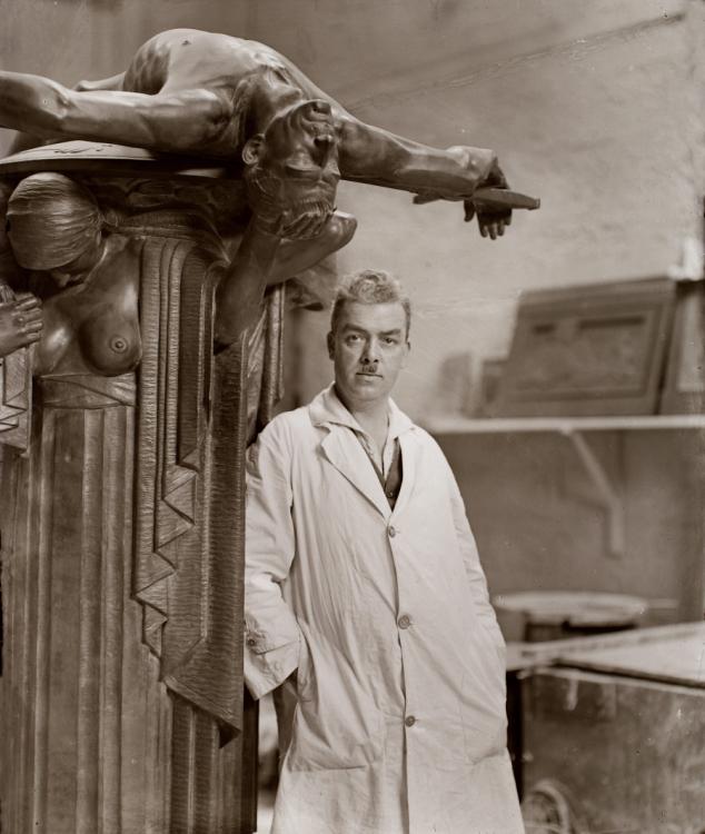 Rayner Hoff with his sculpture Sacrifice, Hoff Studio, National Art School, c. 1934 - courtesy Mitchell Library, State Library of NSW