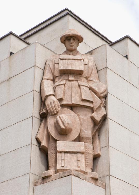 Photograph of the Infantry Lieutenant sculpture on the Memorial's facade