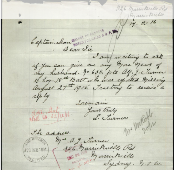 Louisa Turner's letter to AIF base records headquarters.