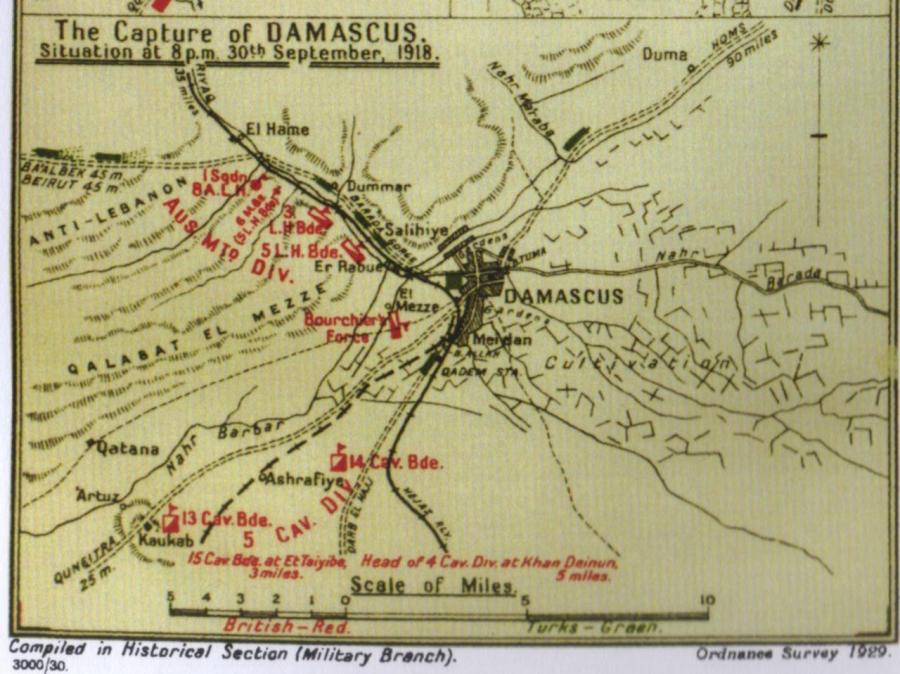 British historian Cyril Falls’ Map No 39 showing British force dispositions outside Damascus on 30 September 1918.  The surrender occurred on the morning of 1 October to Australian Light Horsemen who entered the city early.