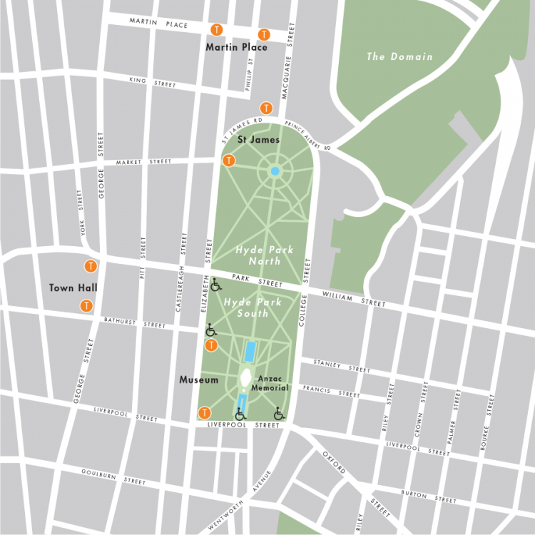 Street map marking the safe and equitable entrances to Hyde Park South in proximity to the Anzac Memorial.  Other nearby stations are, St James, Martin Place and Town Hall.