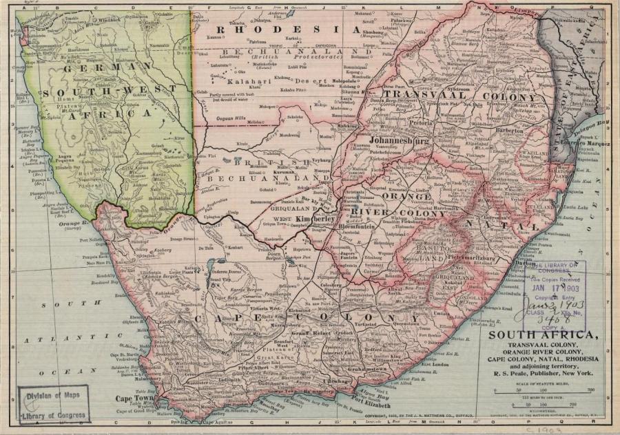 South Africa, Transvaal Colony, Orange River Colony, Cape Colony, Natal, Rhodesia and adjoining Territory. R.S. Peale, 1902. Geography and Map Division, Library of Congress.