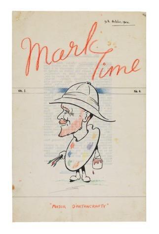 A caricature of Major de Crespigny adorns the cover of the 6th edition of camp magazine 'Mark Time'