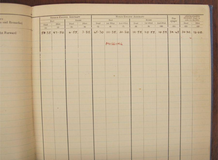 "Missing" is scrawled in the pilot's logbook entry for 5 September 1943.