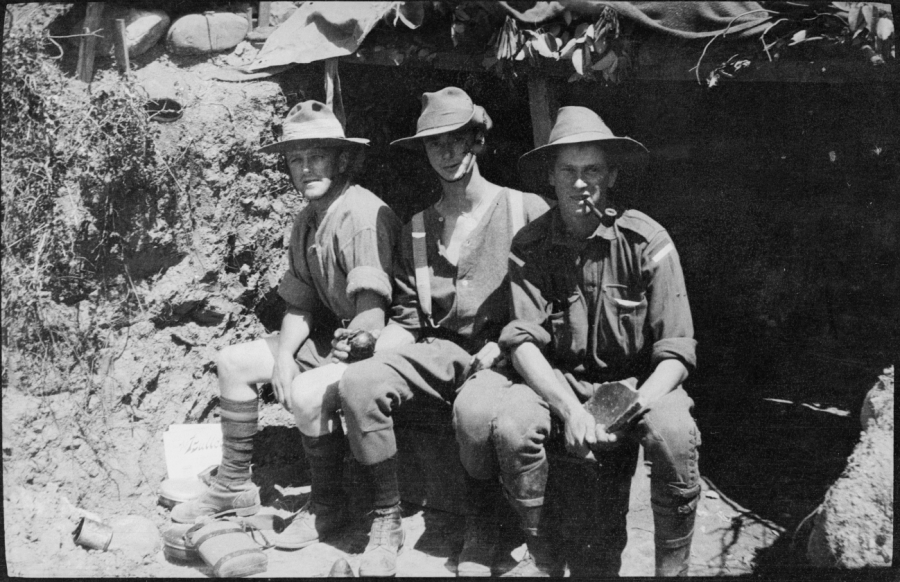 Australian diggers outside their dugout, Gallipoli, 1915. Anzac Memorial Collection. 