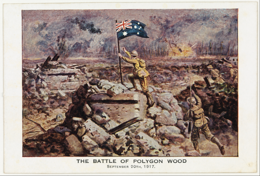 A popular postcard produced from the original drawing by A. Pearse. Verso reads: "One of the most inspiring and historic events during the Battle of Polygon Wood (Belgium), was the planting of the Australian Flag on Anzac Redoubt (German Pill-box), at 7.15 a.m., on September 20th, 1917, by Lieutenant A V L Hull, 18th Battalion. He was killed in action three weeks later."