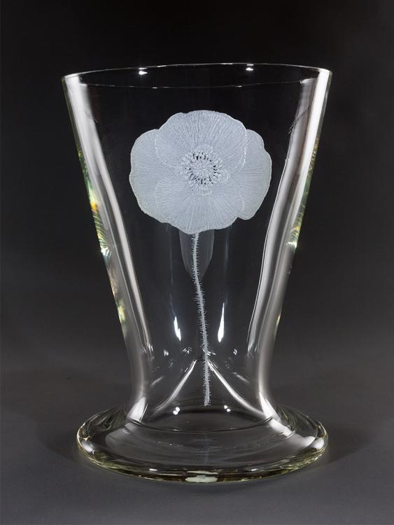 Glass vase displaying a hand-etched design of the Flanders Poppy