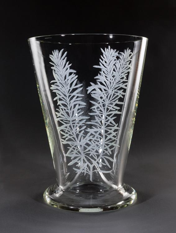 Glass vase displaying a hand-etched design of Rosemary
