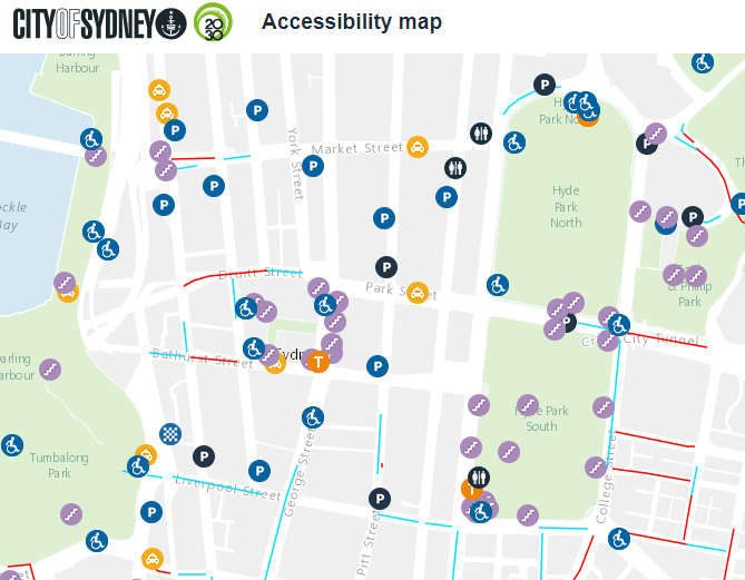 Screenshot of City of Sydney's online accessibility map. To view the live map visit  http://maps.cityofsydney.nsw.gov.au/accessibility-map/ 