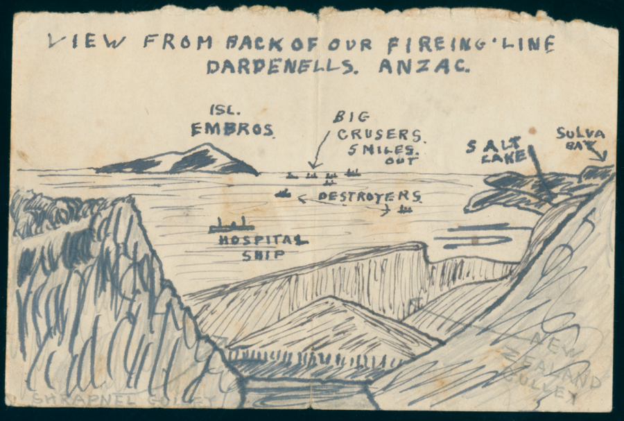 A sketch of Anzac Cove drawn by Smith from his position in the frontline trenches, July 1915. (Anzac Memorial Collection 2020.30.1)