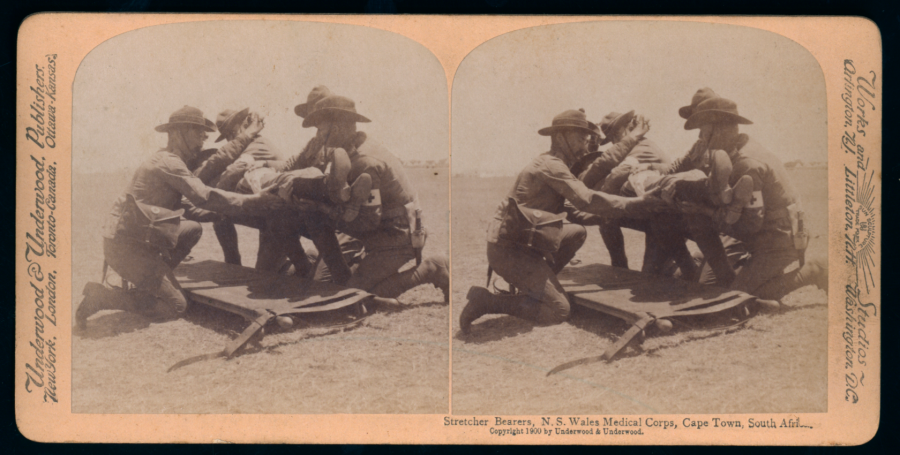 Stereoscope, “Stretcher Bearers, N.S.W. Medical Corps, Cape Town, South Africa”. Anzac Memorial Digital Collection. Courtesy of the Brad Manera Collection. 