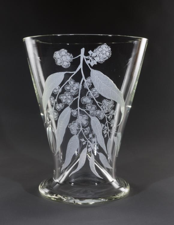 Glass vase displaying a hand-etched design of the Sydney Blue Gum