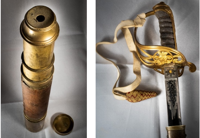 Dollond telescope c.1850 and 1845 Pattern British infantry officer’s sword. Brad Manera collection, photograph by Stephanie Bailey. 