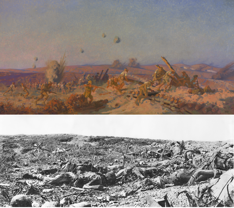The charge at Lone Pine and its aftermath. (Top: Fred Leist, ‘The taking of Lone Pine’ (1921, oil on canvas, 122.5 x 245.5 cm). AWM ART02931; Bottom: The decaying corpses of Australian soldiers in the No Man’s Land between the Australian and Turkish trenches at Lone Pine, September 1915. AWM C01727). 