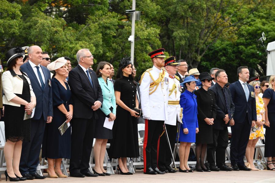 Special guests the Duke and Duchess of Sussex, Governor of NSW and Mrs Hurley, Premier of NSW, Australian Prime Minister and Mrs Morrison, Minister for Veterans Affairs and Mrs Elliott, Lord Mayor of Sydney and Mr Moore, and RSL State President and Mrs Brown during the opening ceremony