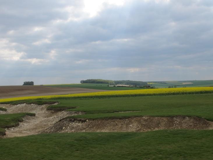 Typical low ridges and shallow valleys of the Somme countryside.  Remains of 1918 German trenches at Le Hamel are in the foreground