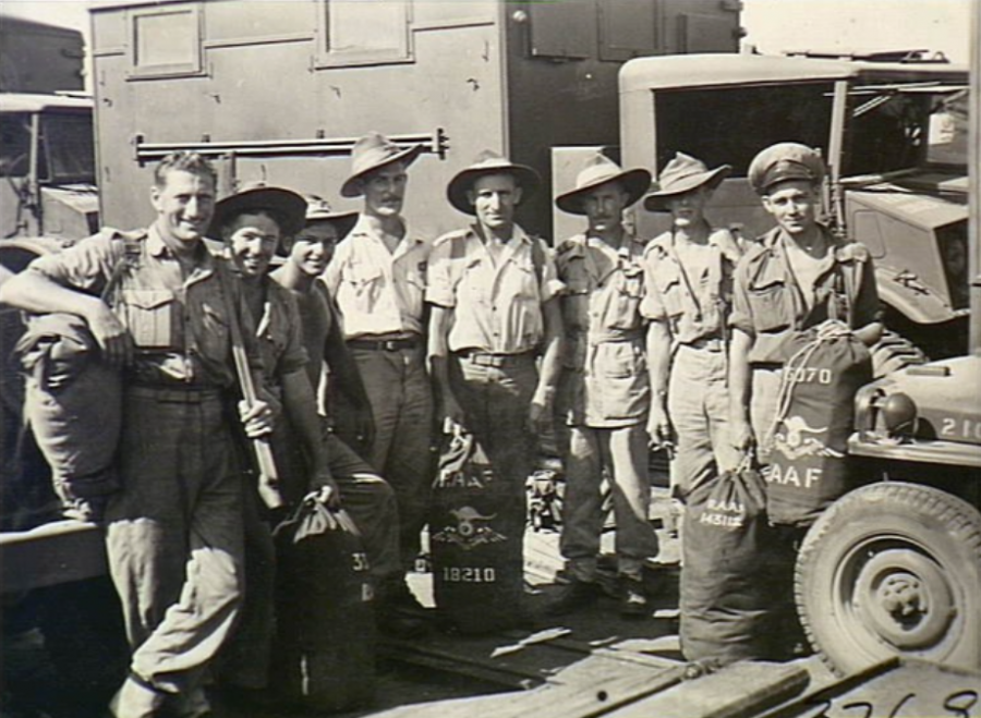 Volunteers of No. 81 Wing, RAAF, stow their kit bags in preparation of their imminent voyage to Japan, Labuan Island, North Borneo, 7 February 1946. AWM OG3769. 
