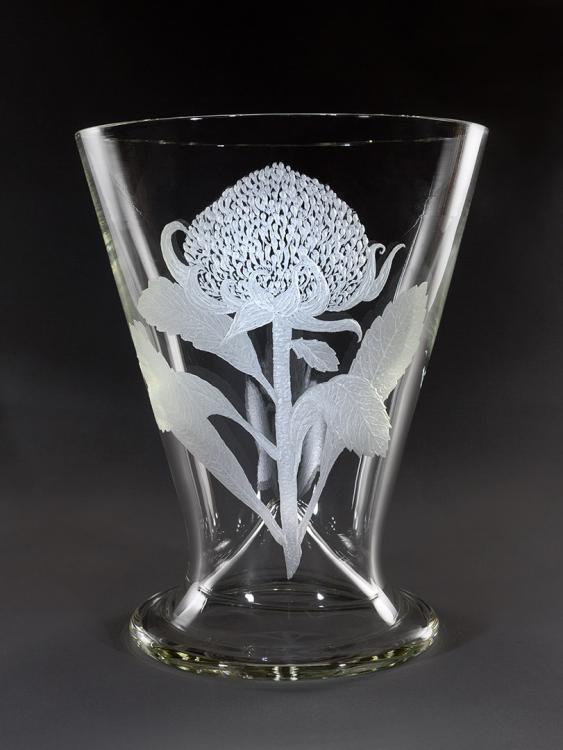 Glass vase displaying a hand-etched design of the Waratah