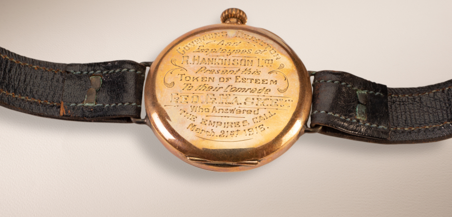 The wristwatch presented to Private George Haskew by his employer upon his enlistment in the AIF. Anzac Memorial Collection 2020.2.6. Photograph by Rob Tuckwell Photography. 