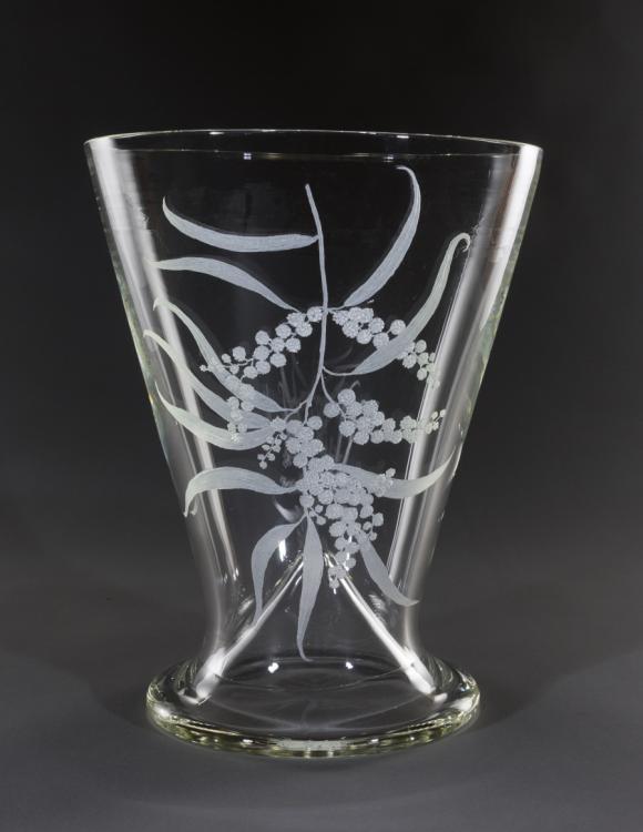 Glass vase displaying a hand-etched design of the Golden Wattle