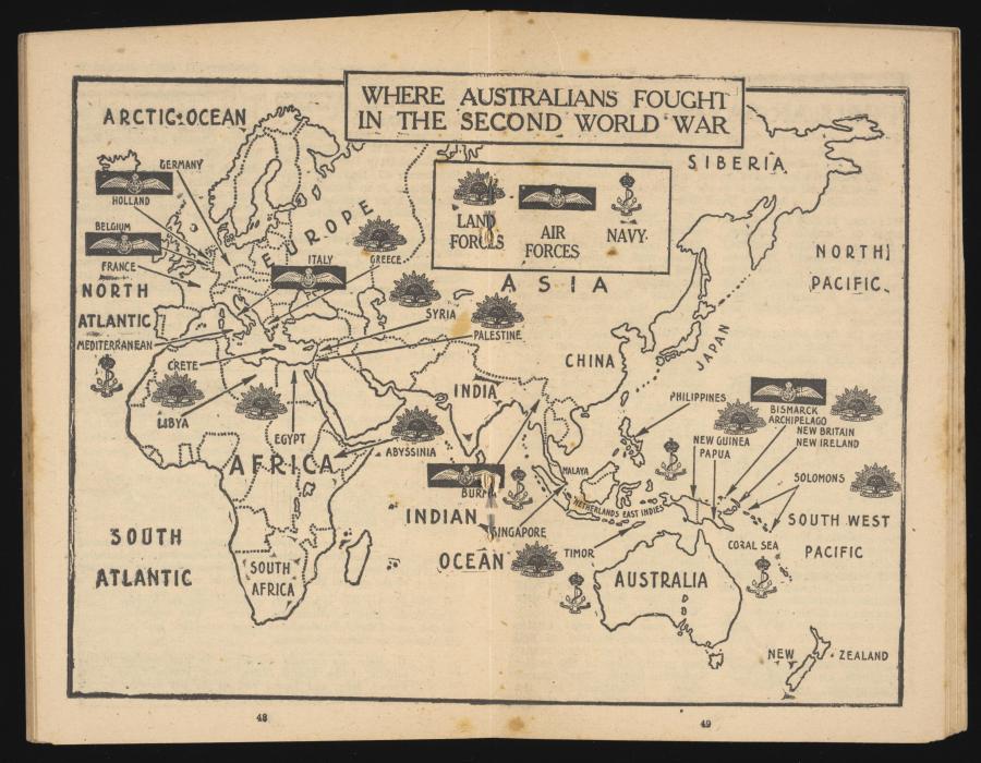 This map marks where the Navy, Land and Air Forces fought during the war. It was featured in the Department of Information booklet 'While You Were Away; A Digest of Happenings In Australia 1940 – 1945'