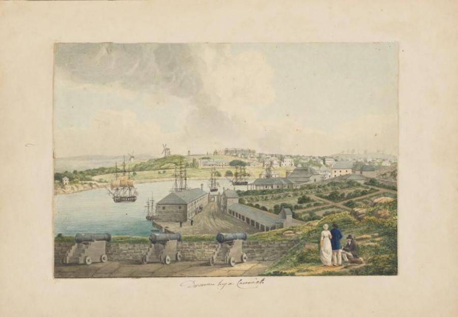 A View of the Cove and part of Sydney, New South Wales, taken from Dawes Point ca. 1818, water colour drawn by convict artist Joseph Lycett, State Library of New South Wales. 