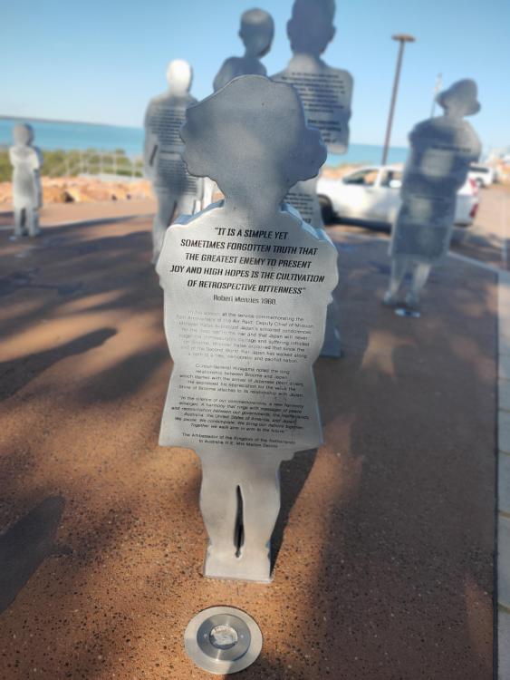 Photo: A memorial, unveiled in 2022, commemorates the 3 March 1942 attack on Broome. It is located at the base of the jetty near the hill on which the victims were buried before they were relocated to Perth after the war.