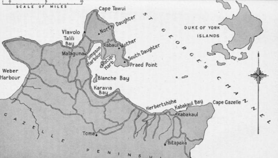 The eastern end of New Britain showing key points relating to AN&MEF operations in September 1914 including Rabaul, Kabakaul and Bitapaka. Image courtesy navy.org.au