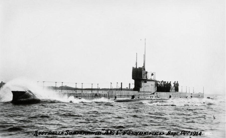 Port side view of the Royal Australian Naval submarine 'AE1', which was sent from Sydney to German New Guinea with the AN&MEF and helped to capture the German colony. The 'AE1' was lost without trace on 14 September 1914. AWM A02595.
