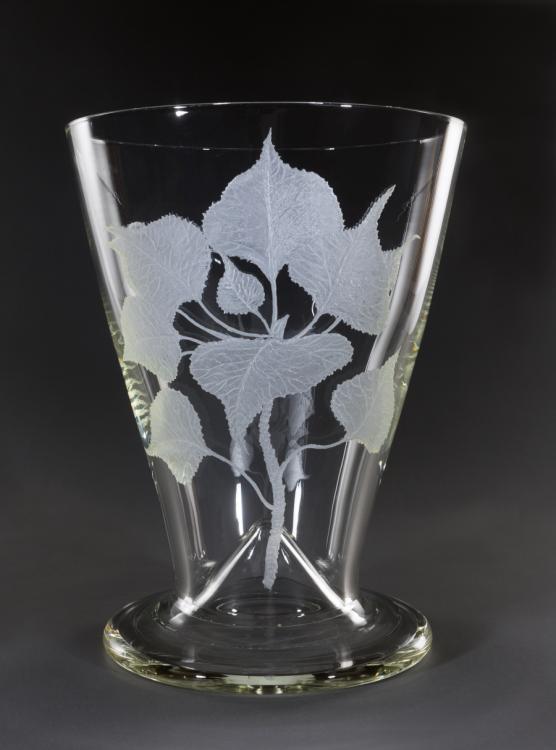 Glass vase displaying a hand-etched design of the Lombardy Poplar