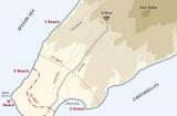 Map of British landings at Cape Helles on ‘S’, ‘V’,’W’,’X’ and ‘Y’ Beaches on 25 April 1915. Several subsequent attempts to advance towards the village of Krithia and the high ground of Achi Baba were foiled by strong enemy resistance.