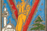 This commemorative badge depicts a slouch-hat-wearing Australian soldier in the centre of a V for Victory between symbols of a Lebanese mosque and a cedar. '15 July 1941' marking the first day of peace sits at the top of the badge. 