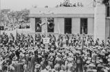 The band stands at attention on the north western corner near the Memorial 
